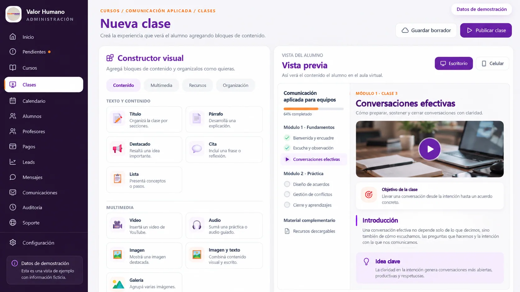 Demostración del constructor visual de clases y la vista previa del alumno