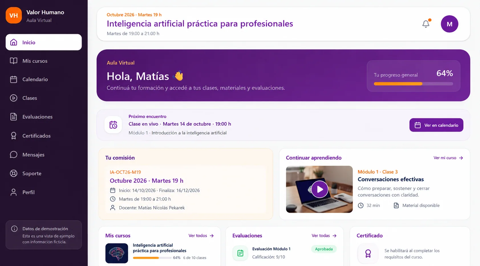 Demostración del aula virtual de Valor Humano con información ficticia
