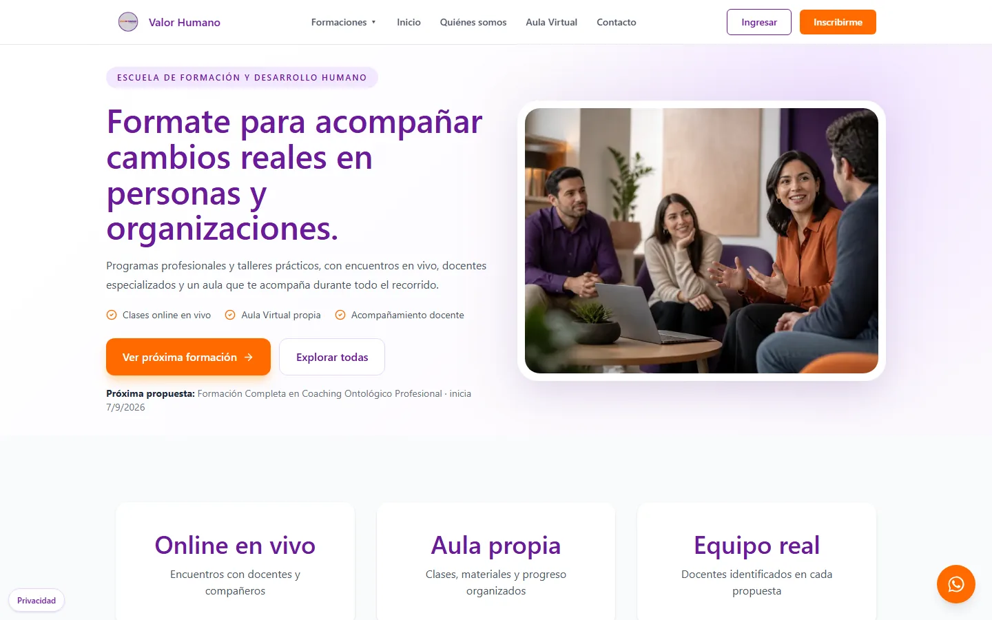 Página de inicio pública de la plataforma educativa Valor Humano