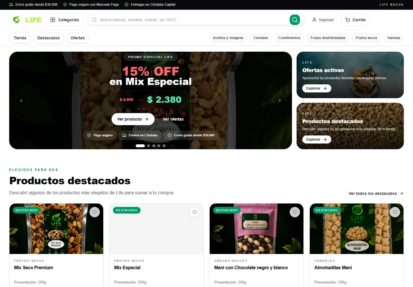 Inicio de la tienda online Life en una pantalla de escritorio