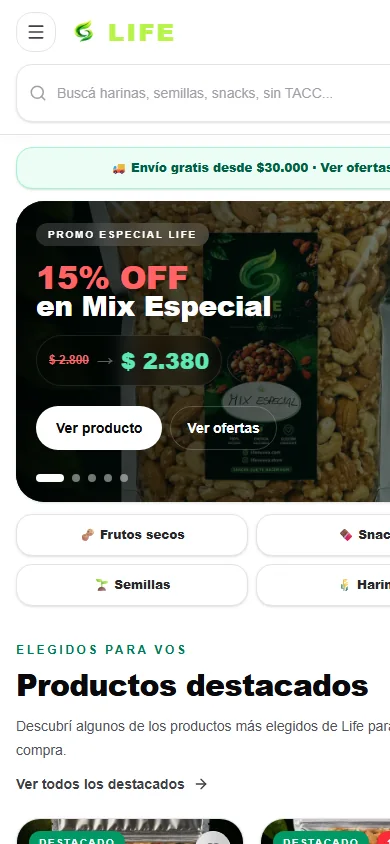 Inicio y productos destacados de Life en mobile