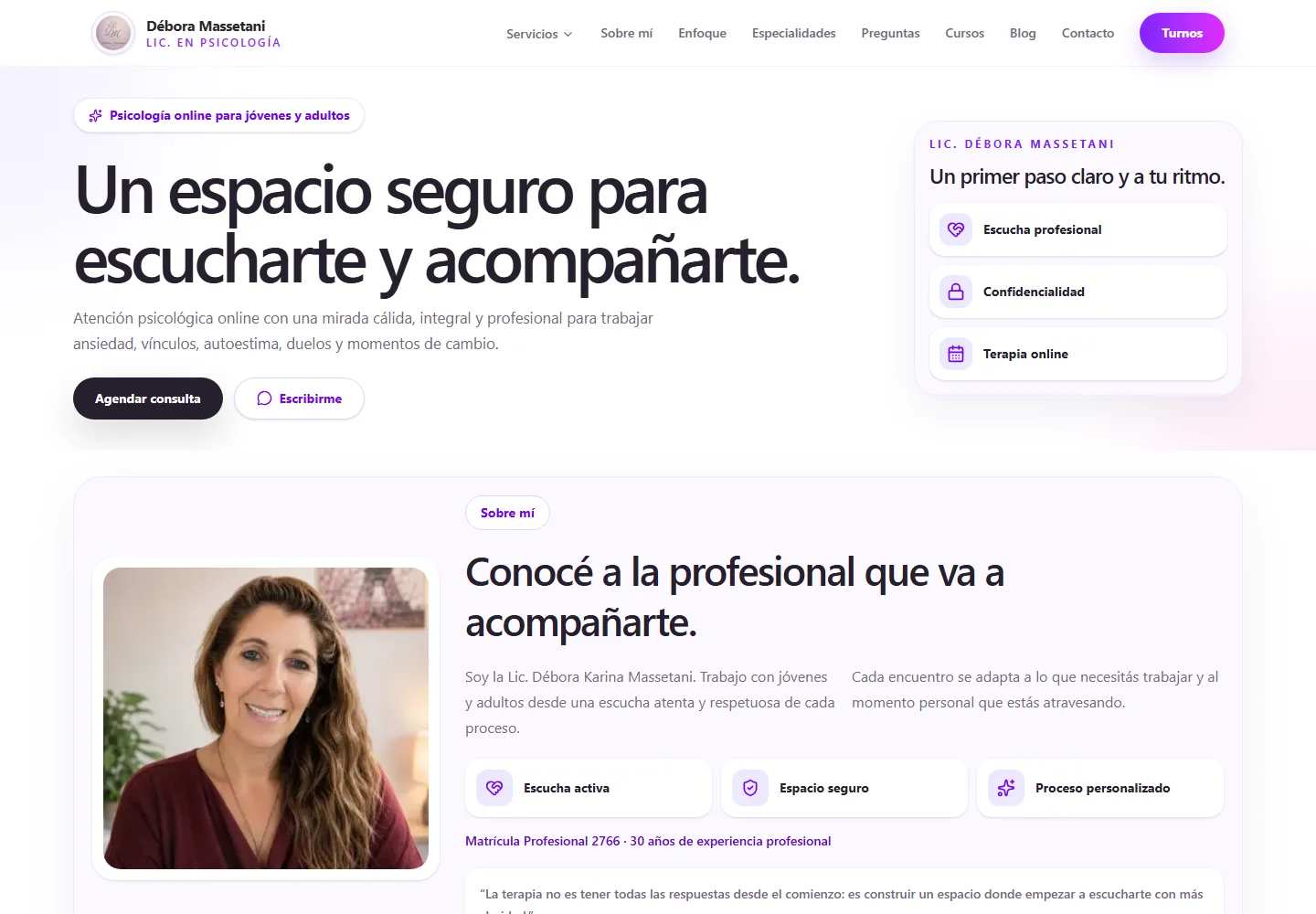 Portada desktop del sitio profesional de Débora Massetani