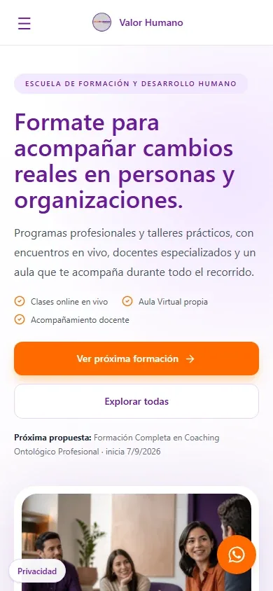 Página de inicio pública de Valor Humano en mobile